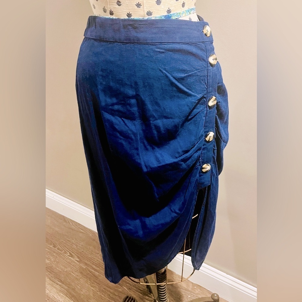Zara Cotton Linen Side Button Down Skirt Navy Size Large
